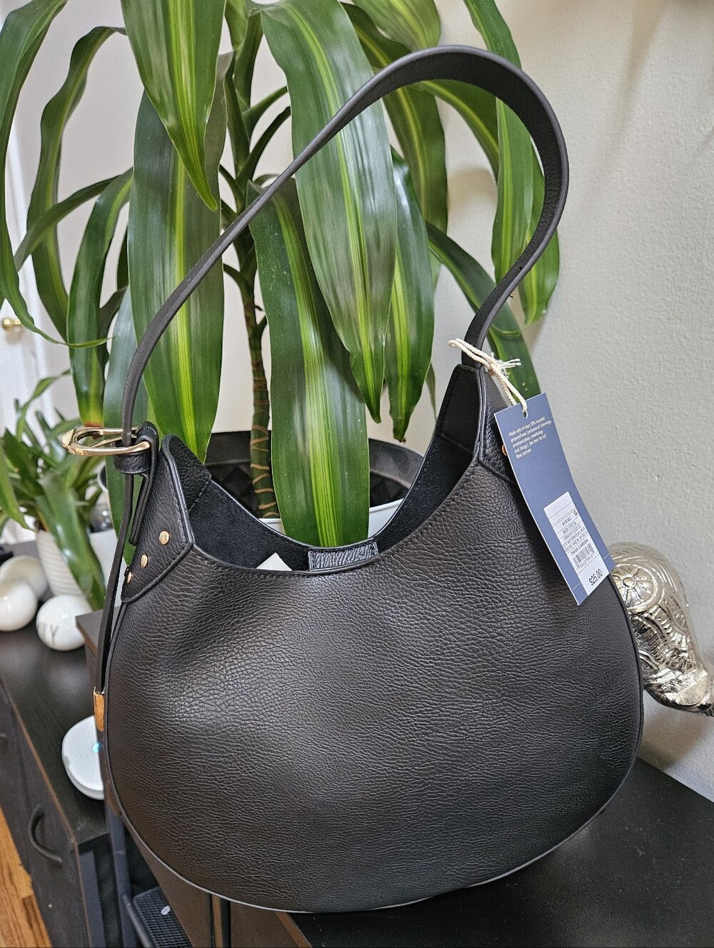 Black Leather Hobo Shoulder Bag
